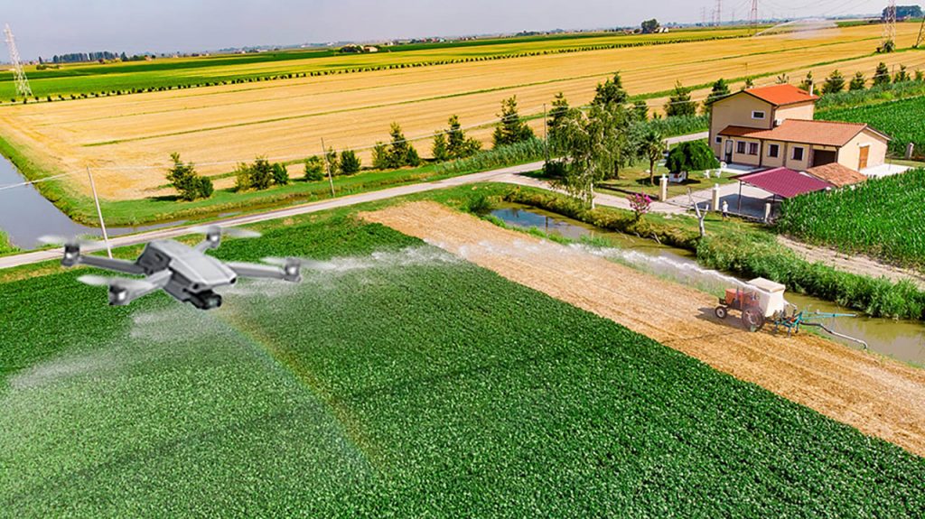 Photo illustration of a drone over a farm.