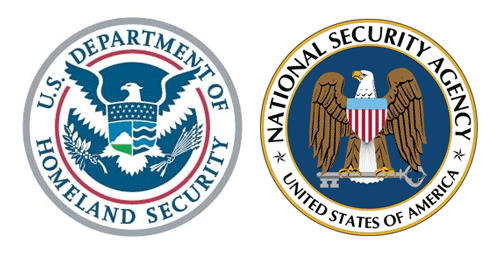 The official seals of the U. S. Department of Homeland Security and the National Security Agency of the United States of America