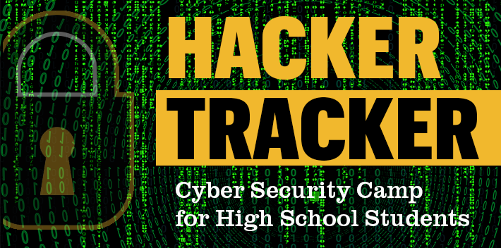 Graphic showing Hacker Tracker Cyber Security Camp over web code and a lock