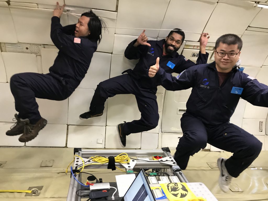 Grad students floating in the zero-gravity environment of Zero Force One