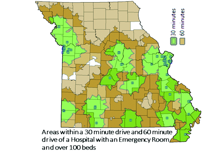 A graphic of Missouri shows how far communities are from the nearest hospitals.