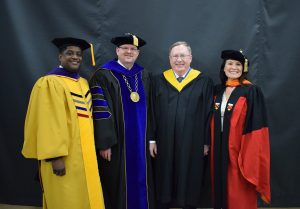 UM System Curator Michael Williams, MU Chancellor Alexander Cartwright, keynote speaker Dick Richards and Dean Elizabeth Loboa.