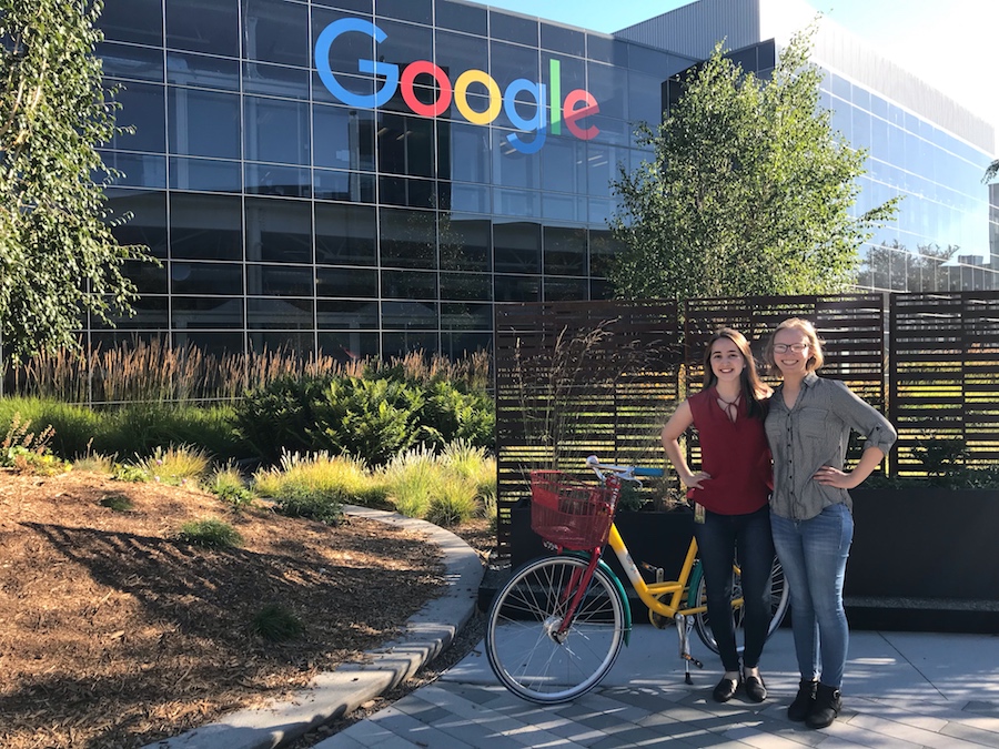 Mizzou Engineering students standing with a bicycle in front of Google's San Francisco offices