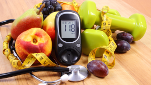 Fruits and diabetes monitoring equipment.