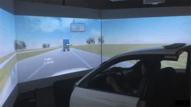steering wheel with view of virtual road.