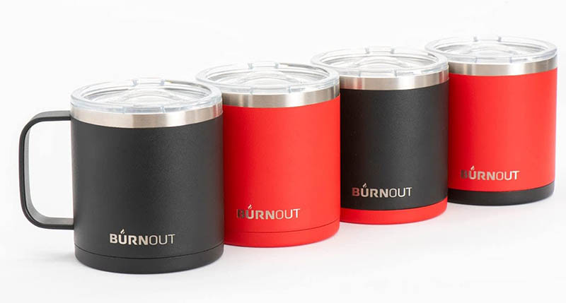 The Burnout coffee mug comes in black and red