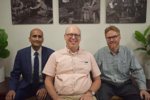 John Bowders retires from Mizzou Engineering after 25 years. He is pictured with Praveen Edara (left) and Dean Noah Manring (right)