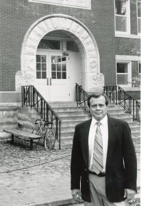 Dean James E. Thompson outside Lafferre Hall, a key figure in the history of Mizzou Engineering