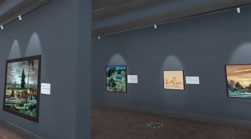 An image showing the virtual gallery including walls, framed paintings and lighting effects all in a virtual environment