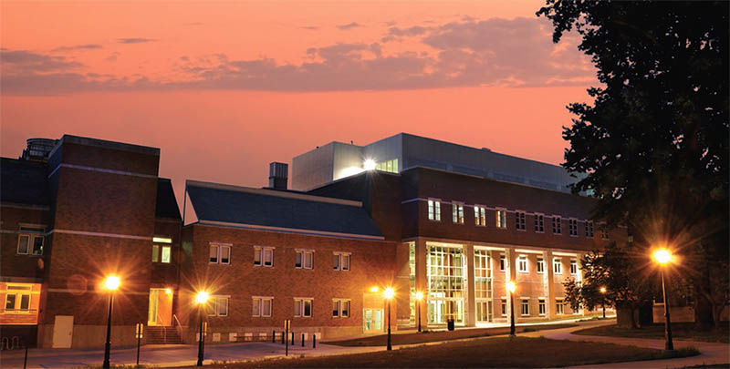 Lafferre Hall building at twilight