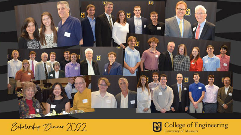 Collage of posed portraits of attendees at in-person scholarship dinner