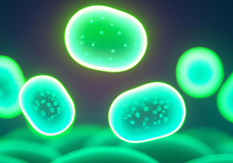 AI-generated image of fluorescent green cells