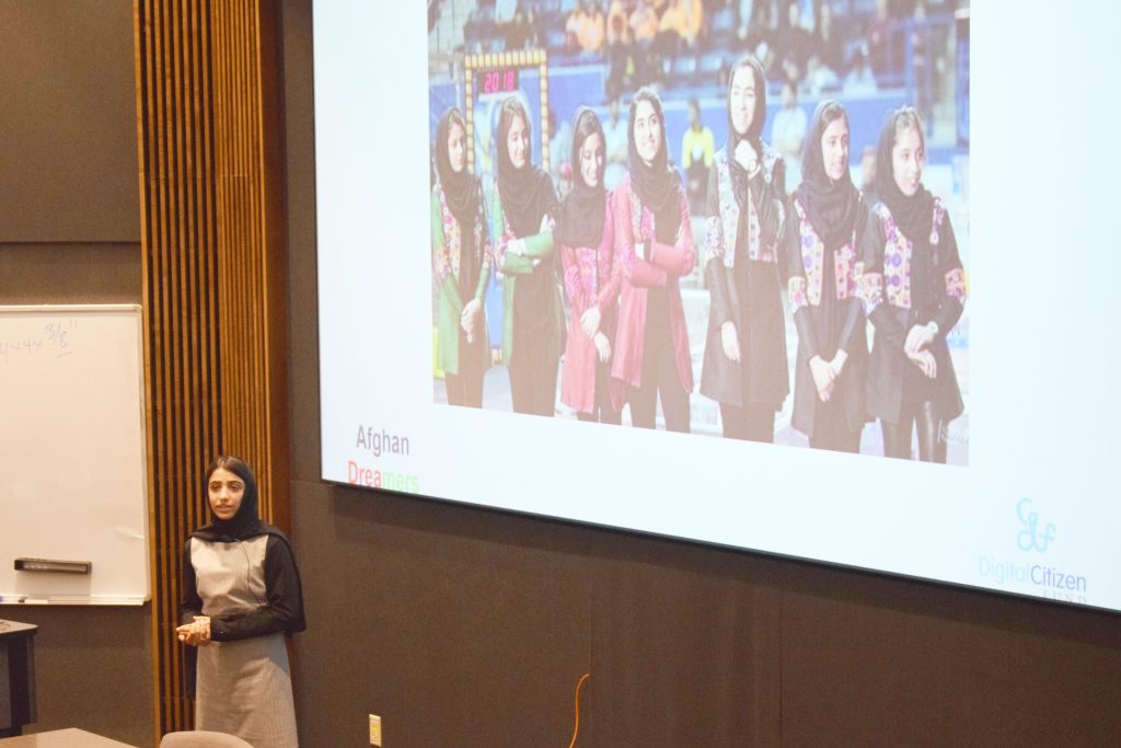 Somaya Faruqi, captain of the Afghan Dreamers FIRST robotics team, presents in Lafferre Hall