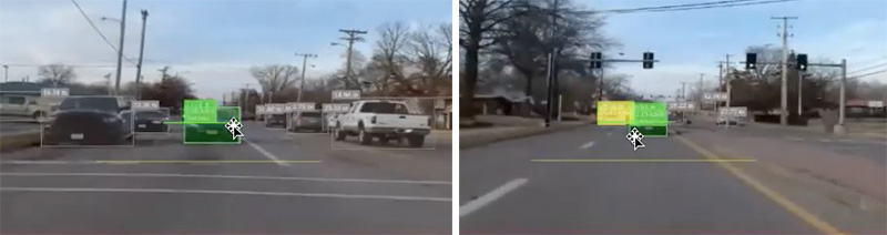 Two images of the alert monitor showing vehicles on the road with green and yellow boxes over them indicating risk levels.