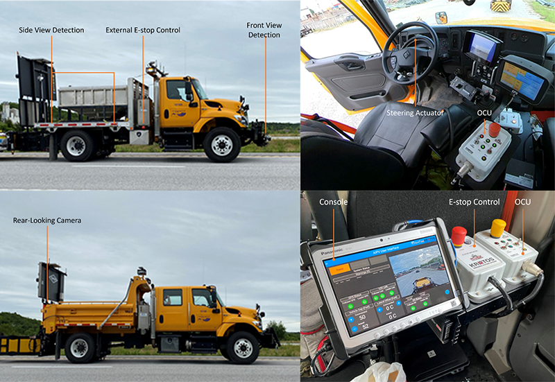 Block of four images showing work zone vehicles and interior equipment