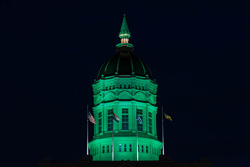 Jesse Hal dome lit green.