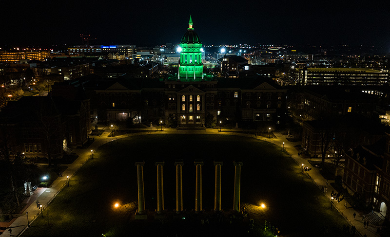 Aerial image of Jesse Hall with green dome.