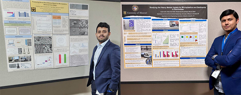 Two images of students standing in front of posters