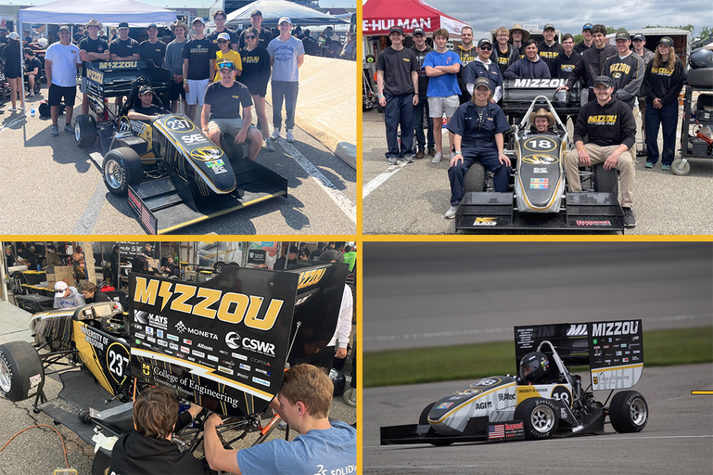 4-grid Upper left: mizzou electric racing team with car Upper right: Mizzou Racing with car Bottom left: Mizzou Electric Racing car Bottom right: Mizzou Racing car