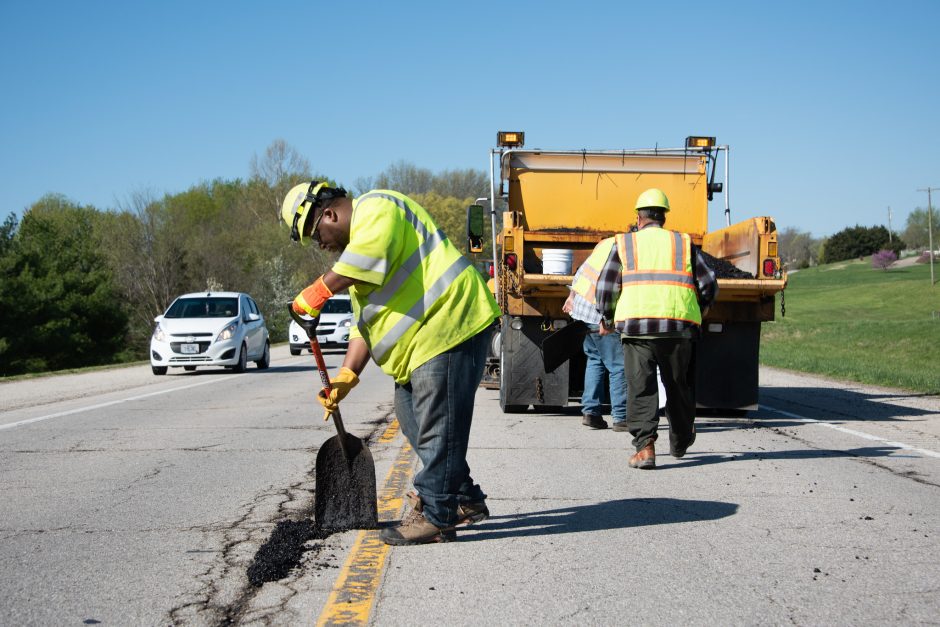 transportation workers fixing a road. Photo courtesy of the Missouri Department of Transportation.