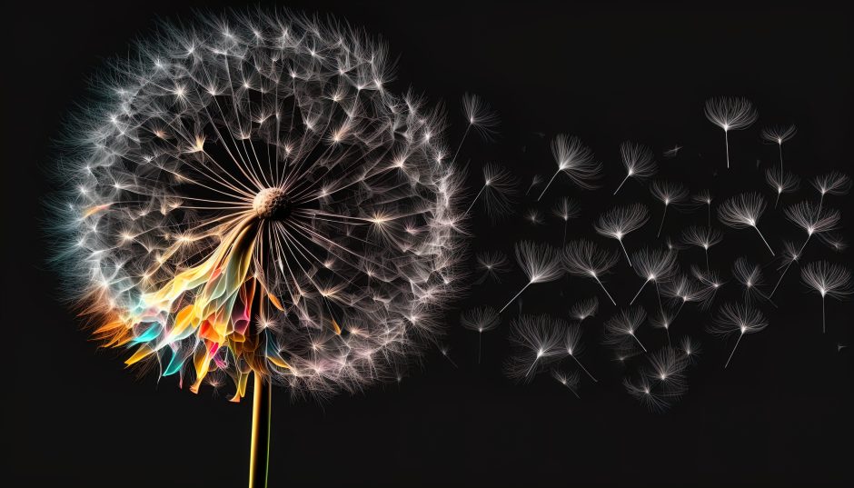 Wind blowing individual seeds off a dandelion 