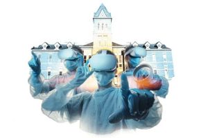 Students wearing VR goggles superimposed over Lafferre Hall. Photo illustration by Blake Dinsdale