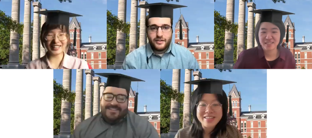 Students in graduation caps meet via Zoom