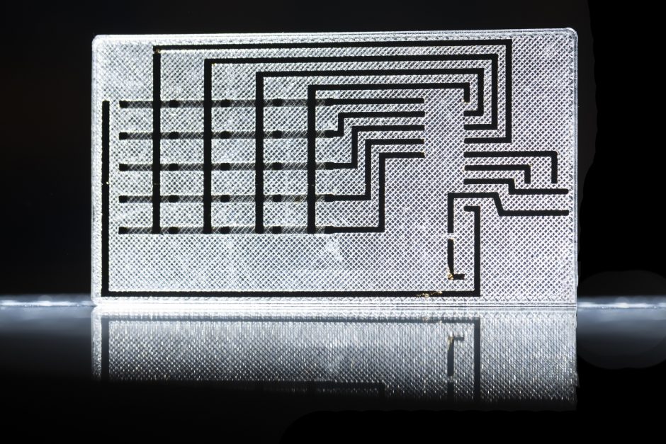 An example of electrodes printed inside of a plastic material.