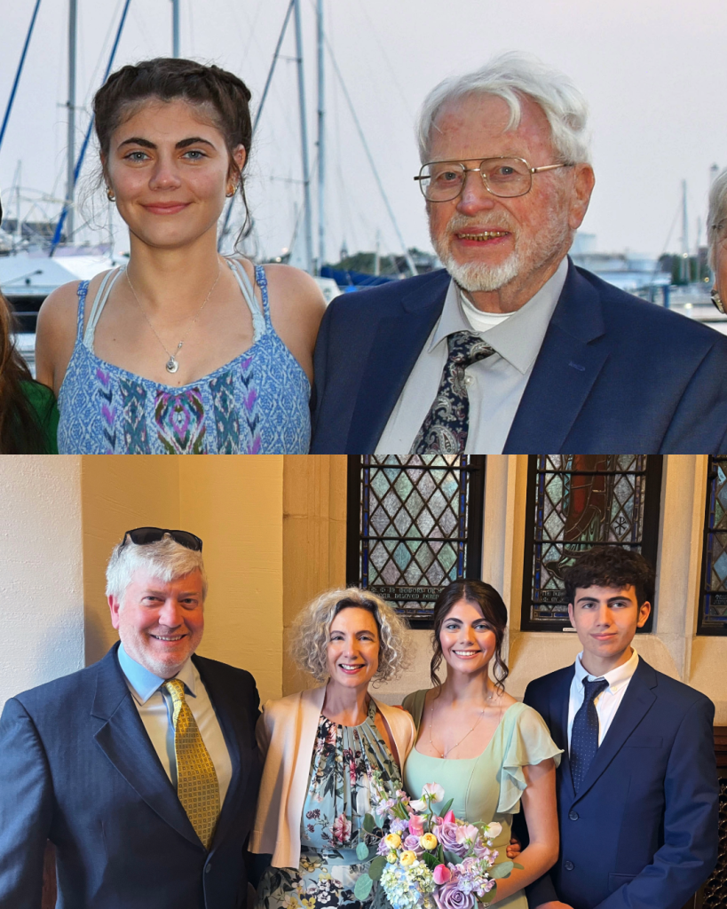 Top: Selby Chipman (left) with her grandfather (Sydney Chipman, graduated Mizzou 1962). Bottom (left to right): John Chipman, graduated Mizzou 1991, Holly Stewart, Selby Chipman, Stewart Chipman