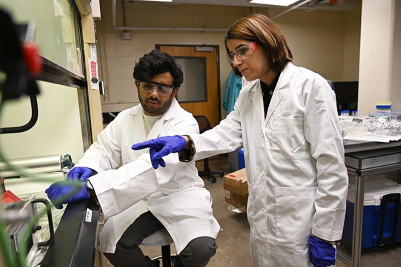 Maryam Salehi and graduate student Anandu Gopakumar Nair investigate filter properties in her lab in Lafferre Hall.