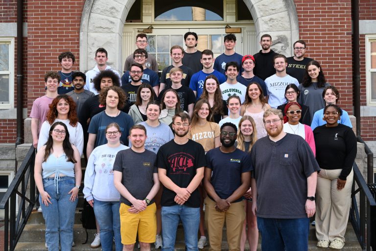 Mizzou AIChE Student Chapter Spring 2024. Schroeder pictured top row on the right. Kemm pictured fourth row from top on the left.