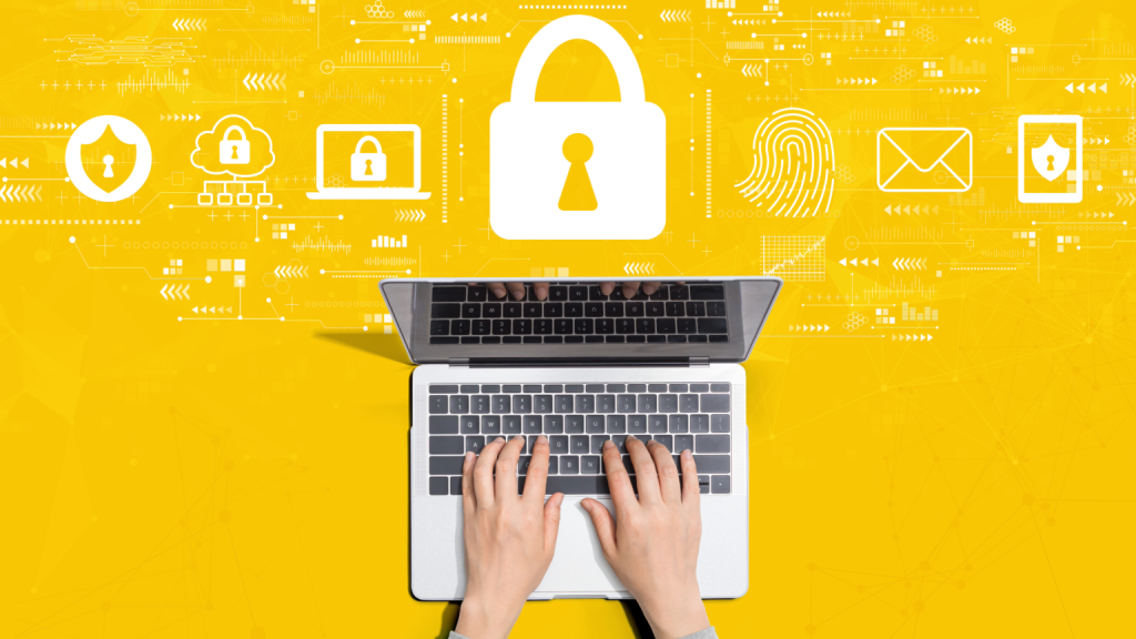 Hands typing at a computer with icon of lock