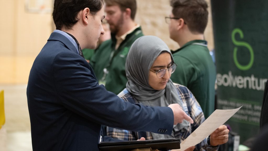 A Mizzou Engineering student engages with a company representative at the spring 2026 career fair.