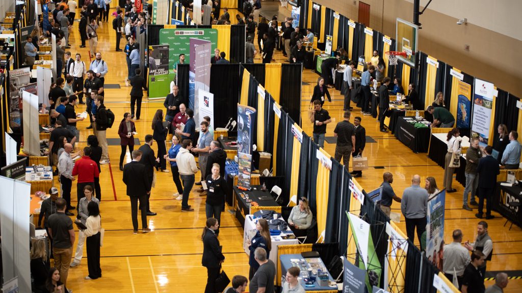 An overhead view of hundreds of Mizzou Engineering students at the spring 2026 career fair.