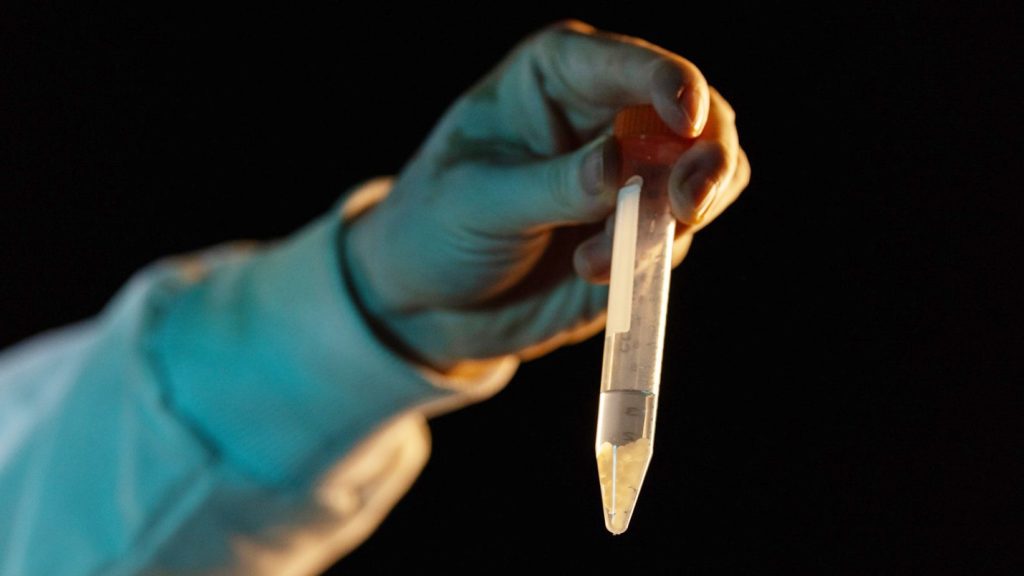 Hand holds test tube containing gel-like beads in a clear fluid