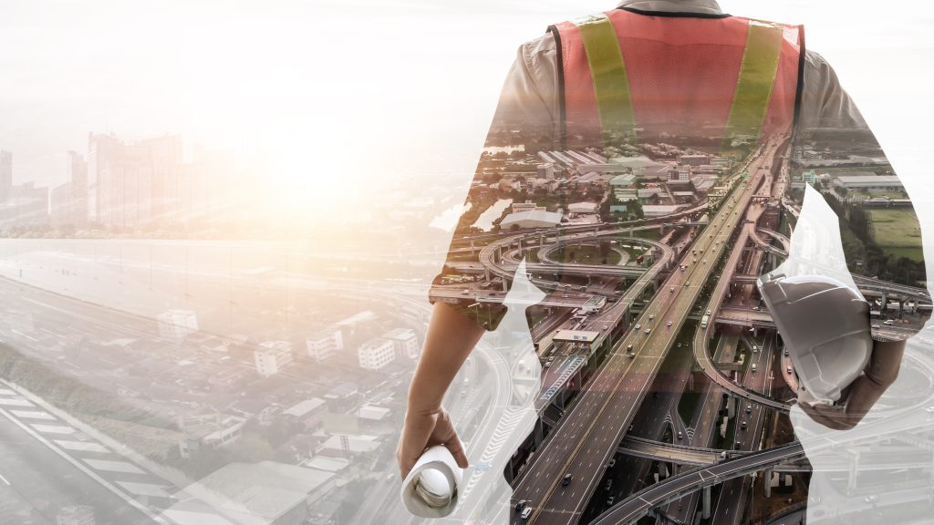 Photo illustration of construction worker and various infrastructure