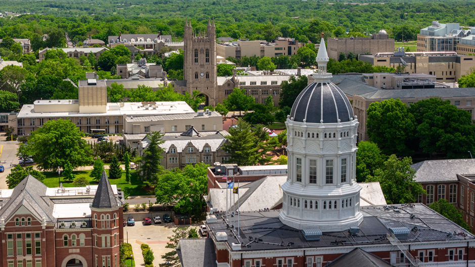 Aerial view of Jesse Hall dome and the Mizzou Campus