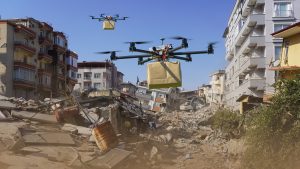 Visualization of drones descending on disaster-struck town with packages