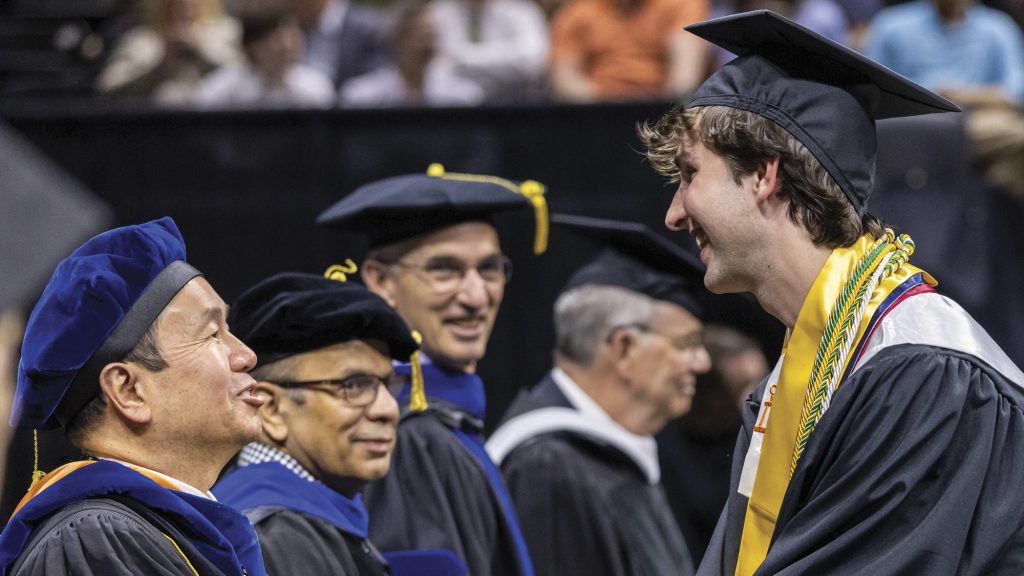 Josh Donaldson shakes hands with University of Missouri President Mun Choi at spring '26 commencement ceremonies