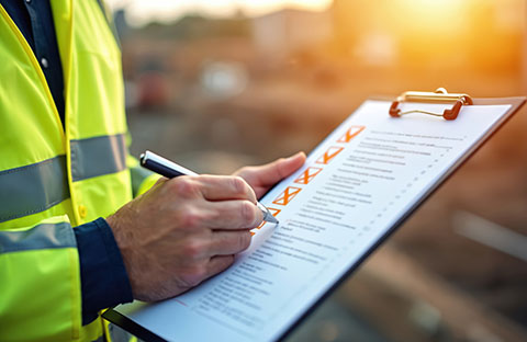 Person in safety gear writes on a clipboard