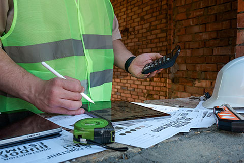 Man uses a calculator while working with a stylus on a tablet at a table