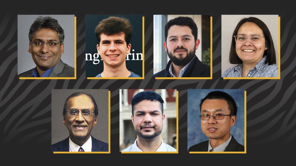Collage of portraits of Prasad Calyam, Andrew Hellman, Juan Mogollon, Alicia Esquivel More, Jianfeng Zhou, Bishwas Wagle and Kannappan Palaniappan