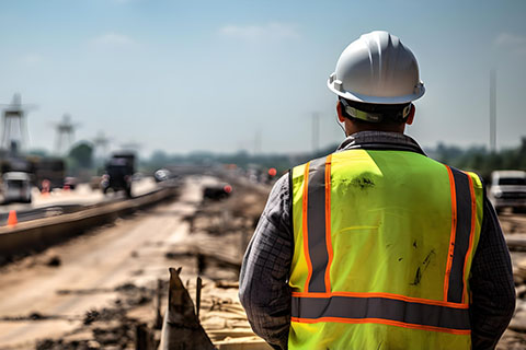 Back view of a man wearing a safety vest and hard hat standing at a construction site