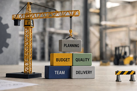 Miniature construction scene with a yellow crane lifting a block labeled planning above a stack of blocks labeled budget quality team and delivery