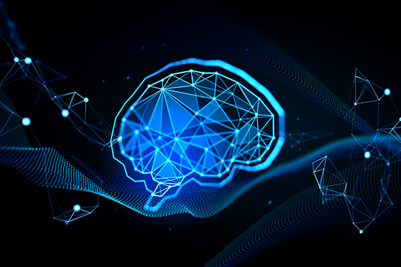 Glowing geometric digital brain with neural network lines and nodes, 3D Rendering on dark tech background, concept of intelligence and connectivity