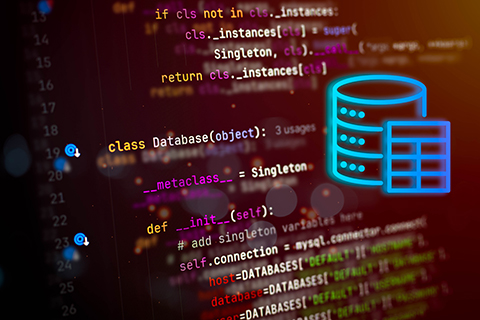 Python code for database connection with glowing neon database icon, symbolizing backend development, data engineering, and software infrastructure on a dark screen background.