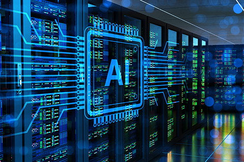 AI graphic over a computer server at a data center