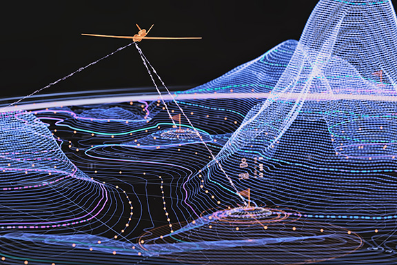 Advanced drone control interface showing digital topographic map and target acquisition.