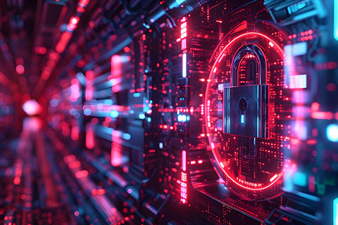 A red and blue computer screen with a glowing lock symbol